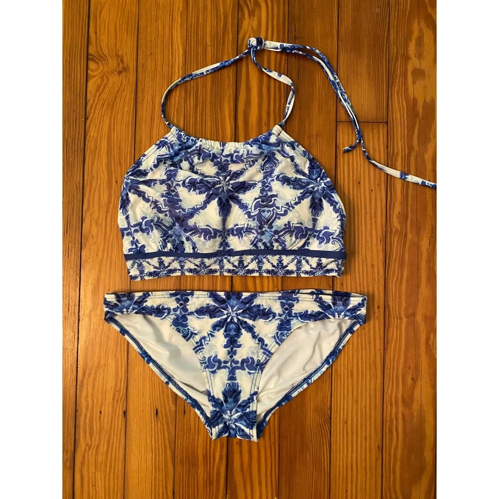 Michael‎ Kors Womens Blue White Sz XS High Neck Halter Bikini Set Two Piece